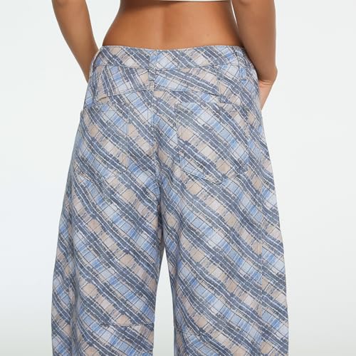 Women's Printed Barrel Jeans Wide Leg Baggy Denim Pants Mid Rise Boyfriend Plaid Pants Y2k Distressed Trousers4