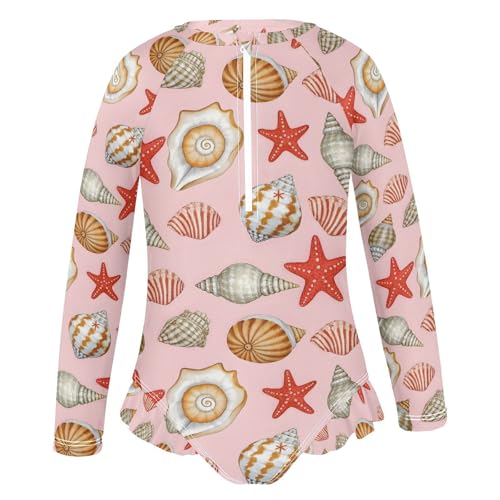ALAZA Conch Starfish Seashell Girls One Piece Swimsuit Long Sleeve Rash Guard Swimsuits UV 50+ Swimwear Zipper2