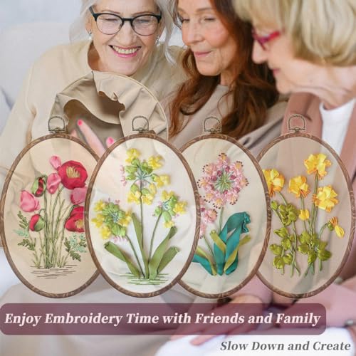 Image of FONNUY Ribbon Embroidery 3D Flowers Pattern Design Kit Embroidery DIY Handwork Set Oval Home Decoration (Pink Crabapple)