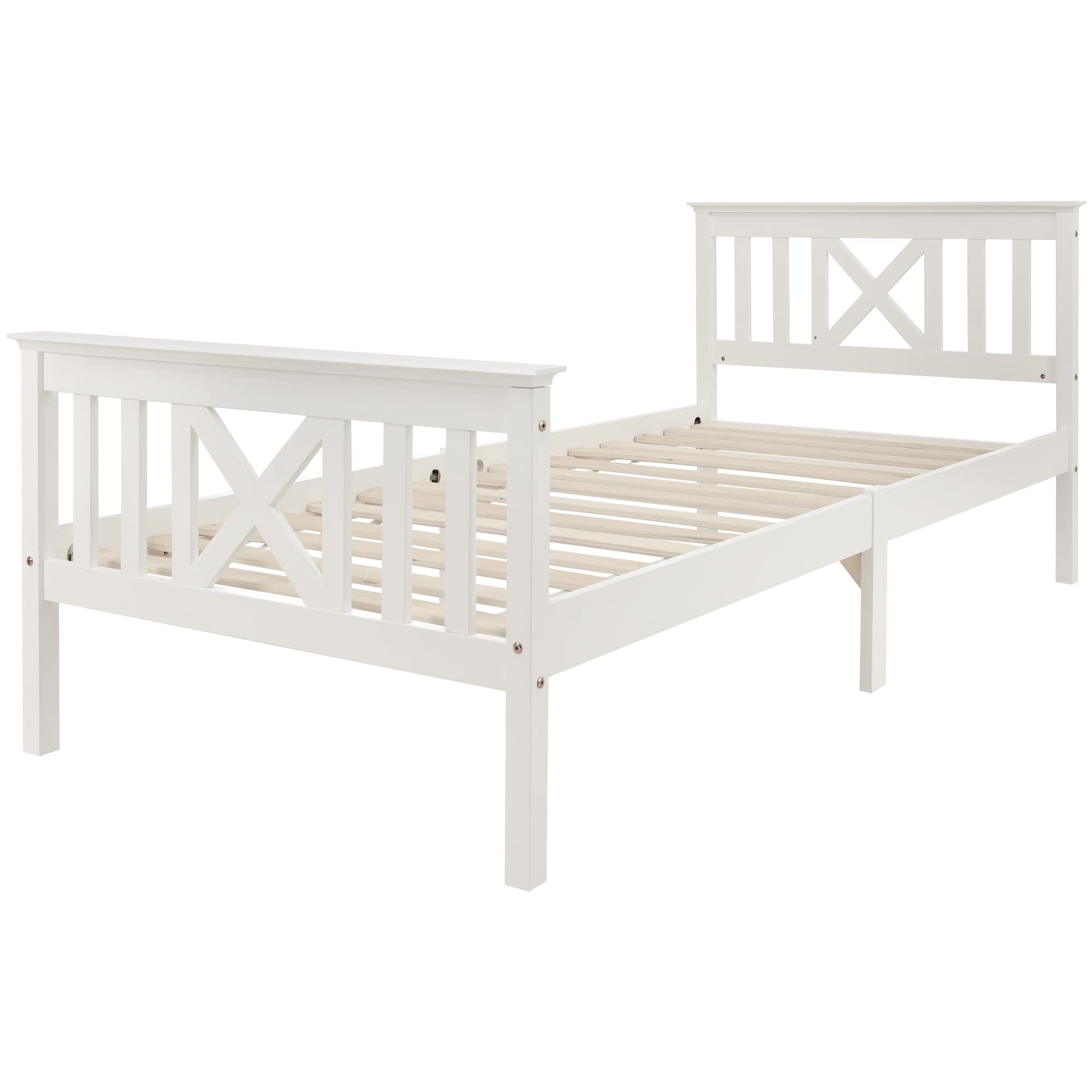 Merax Letto singolo in legno massello 90 x 200 cm, letto in legno con testiera e rete a doghe, struttura in stile rustico, letto per ragazzi e ragazzi, in pino massiccio, solo struttura del letto,