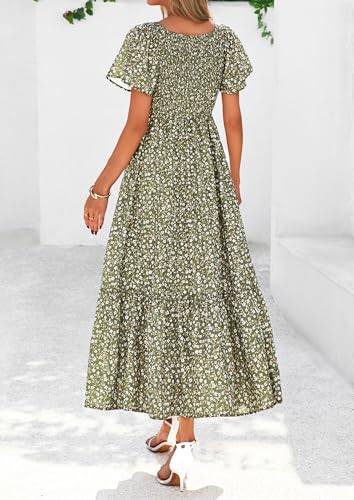 PRETTYGARDEN Boho Dresses for Women 2025 Summer Floral Short Sleeve V Neck Smocked Flowy Beach Vacation Maxi Dress2