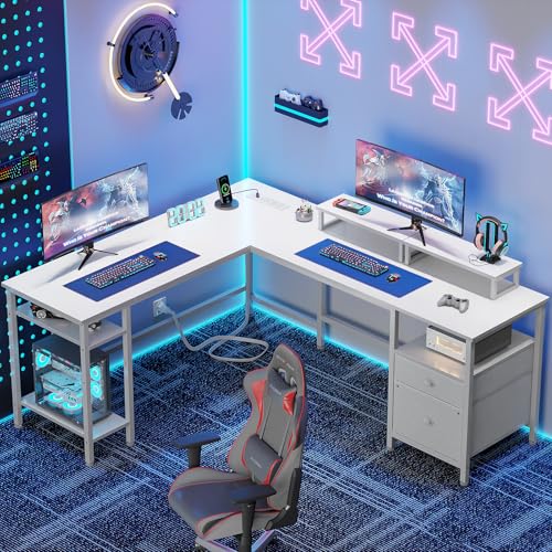 Image of Furologee White 59 inch L Shaped Desk with Power Outlet, Reversible Computer Desk with File Drawer & 2 Monitor Stands, Corner Home Office Table with Storage Shelves for Gaming Writing