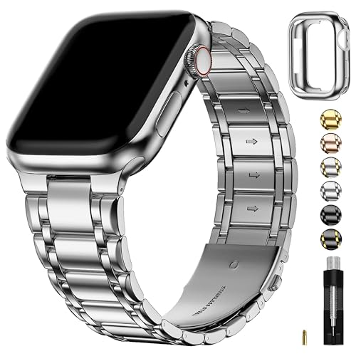 Image of Fullmosa Metal Bands with Case [Watch NOT Included] Compatible Apple Watch Strap 45mm 44mm 42mm, Steel Apple Watch Band for iWatch SE3 SE2 SE Series 9 8 7 6 5 4 3 2 1,42mm 44mm 45mm,Silver