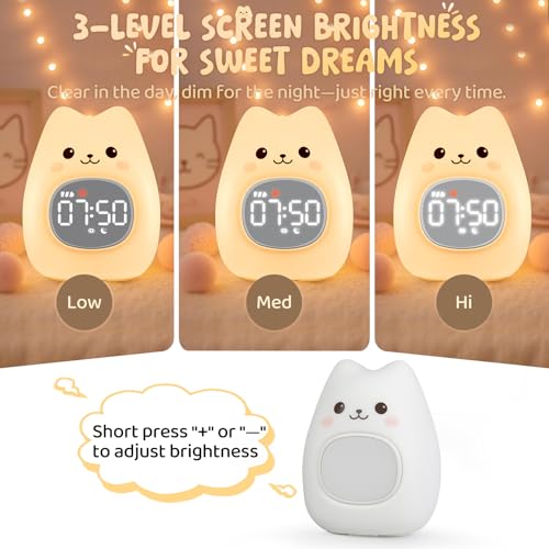 Image of Cat Alarm Clock with Night Light for Kids with Sleep Training and Sound Machine, Rechargeable Silicone Lamp OK to Wake Clock,Cute Animal Tabletop Lamp, Perfect Sleep Companion for Boys Girls