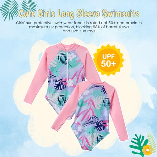 Zando Girls Long Sleeve Rash Guard One Piece Swimsuit for Teen Kids Toddler 2-15 Years - Surfing Bathing Suit UPF 50+ Zipper2