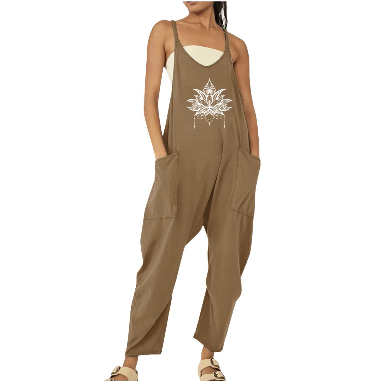 Bauzuoyo Mono corto de verano para mujer, sin mangas, con tirantes, sexy, cuello redondo, de una pieza, informal, holgado, monocolor, flores, con bolsillos, pantalones cortos de trabajo, Color caqui., XL