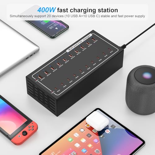 Image of 20-Port Fast Charging Station 400W, USB C and USB A Charger Dock with Smart Power Distribution Technology，for Multiple Devices, PD /QC Fast Charging Support