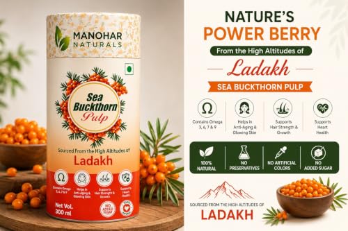 Image of Sea Buckthorn Pulp 300ml | Sourced from High Altitudes of Ladakh | Rich in Omega 3, 6, 7 & 9 Helps to Immunity, Energy, Skin and Hair Health (300 ml)