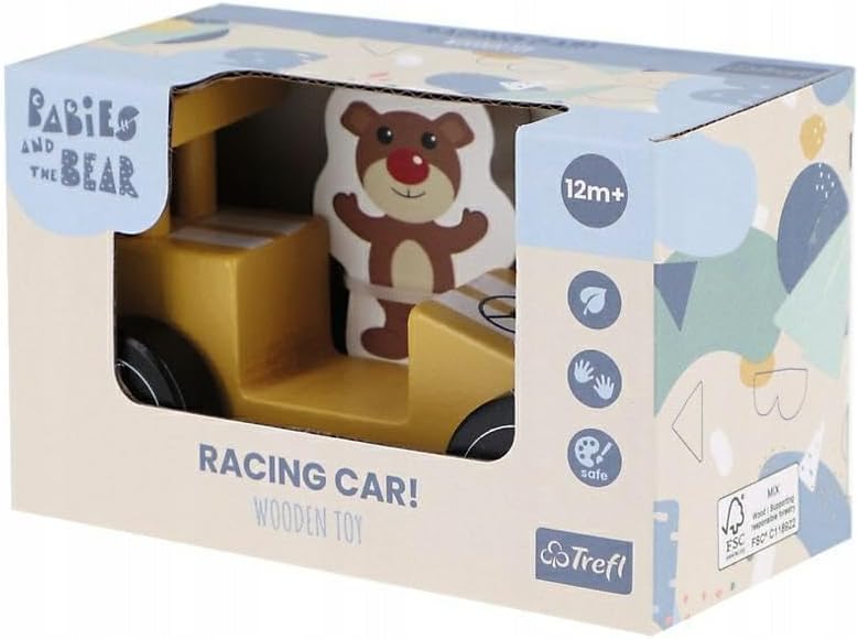 Trefl - Orange Racing, Wooden Toys, Bobaski & Teddy Bear- Wooden Toy 2in1, Car Racing Car, Toy Bobaska Boy Figure, Eco-Friendly, Natural Wood, for Children from 12 Months
