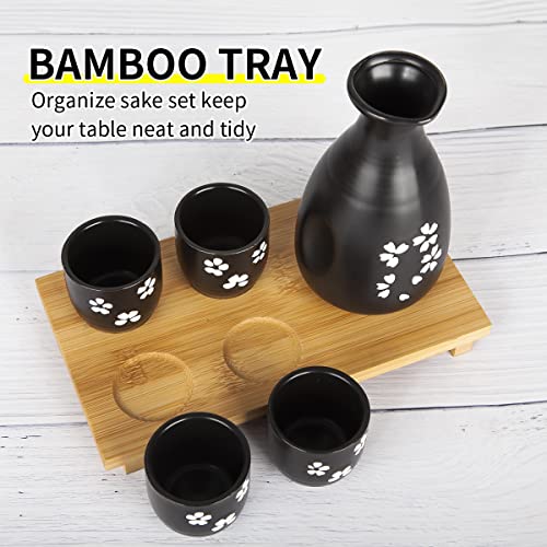 Fovanga Osaka Sake Set, Durable Japanese Sake Ceramic 6Pcs Set With Bamboo Tray 1 Sake Bottle 4 Sake Cups 1 Bamboo Tray #TOP1
