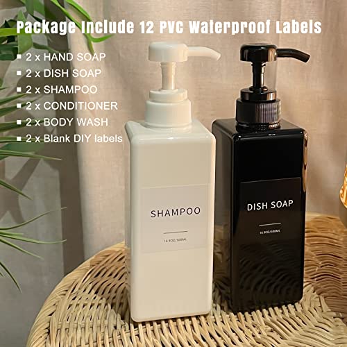 Image of Amber Soap Dispenser with Waterproof Labels, 16 oz Dish Soap Dispenser for Kitchen, Thickened Plastic Hand Soap Dispenser for Bathroom, Shampoo and Conditioner Pump Bottles with Silicon Funnel, 2 Pack