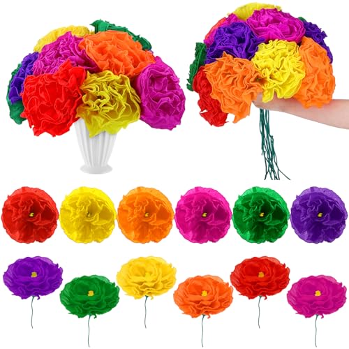 FunooFuno 12 Pcs Mexican Paper Flowers Artificial Rainbow Crepe Paper Flowers Bunch with 15in Long Stem Mexican Fiesta Assorted De Papel para Decoracion for Fiesta Cinco De Mayo Party Home Decor