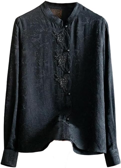 Women's Silk Jacquard Beaded Collar Blouse Summer Elegant Mulberry Silk Top