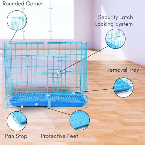 Image of Woofy Dog Cage - Powder Coated, Single Door Folding Metal Cage /Crate /Kennel with Removable Tray and Paw Protector for Dogs, Cats and Rabbits (18 Inch, Blue)