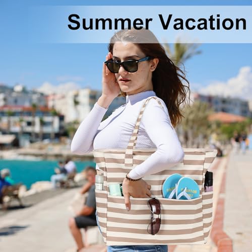 Image of LEDAOU Large Beach Bag Women Waterproof Sandproof Zipper Beach Tote Pool Bag for Swim Gym Grocery Travel with Wet Pocket