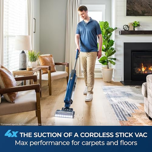 Image of Kenmore CU5001 Litening Cordless Upright Vacuum with Lift-Up & Hair Eliminator Nozzle, Brushless Motor, HEPA Filter & LED Display for Low-Pile Carpets, Rugs, Hard Floors & Pets, Blue