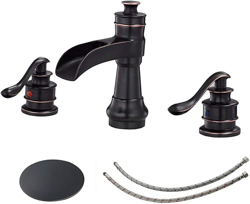 BWE Grifo de baño generalizado en cascada de 3 agujeros, bronce aceitado, granja, 8 pulgadas, tapón de drenaje emergente, ensamblaje,