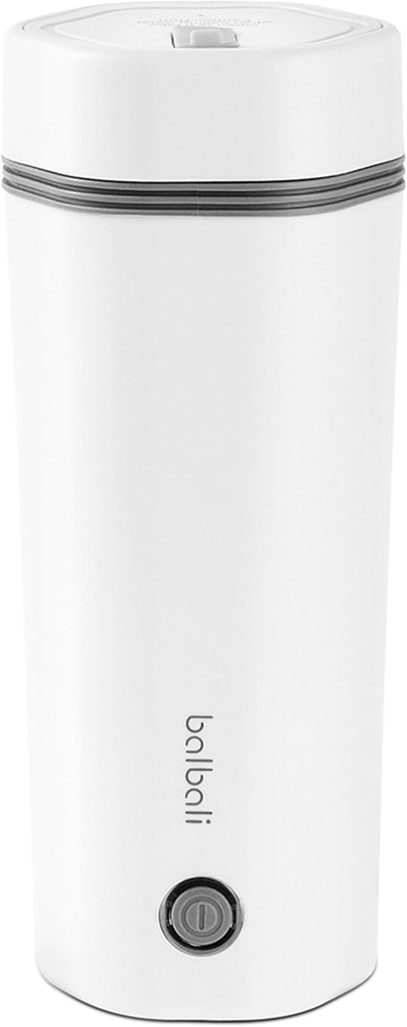 balbali Travel Kettle – 12oz Portable Electric Kettle for Boiling Water – Self Heating Cup/Thermos – Single Size Personal Tea Maker -Hot Water Boiler/Heater/Warmer – White