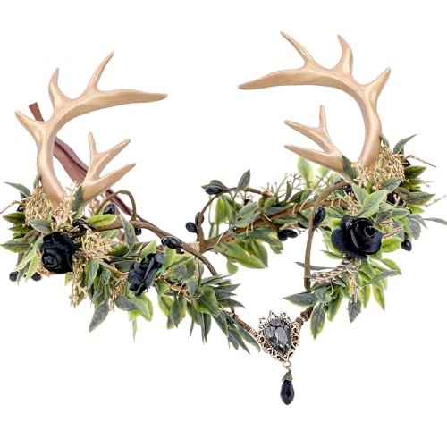 MOSTORY Woodland Antler Fairy Crown - Flower Elf Crown for Renaissance Accessories Women Woodland Floral Elven Circlet for Renfaire Accessories Fantasy Forest Outfit