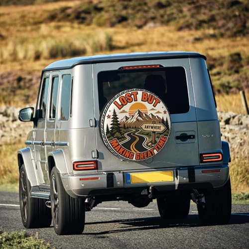 Image of Funny Spare Tire Cover, Lost But Making Great Time Printed Tire Cover for SUVs RVs Trailers Campers Trucks, Outdoor Spare Wheel Protector(15 inch for Diameter 27 inch-29 inch)