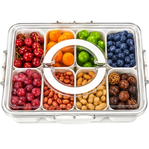 Snackbox mit 8 Fächern & Deckel - Tragbare Snackschale mit Griff Luftdicht & Spülmaschinenfest Snackteller aus PP für Gewürze Süßigkeiten Nüsse & Obst - Ideal für Picknick & Reise (Weiß/Transparent)