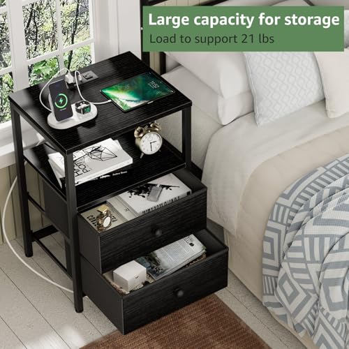Image of BOLUO Black Nightstand with Charging Station, LED Night Stand with 2 Fabric Drawers, Bedside Table with USB Ports and Outlets, Nightstand for Bedroom Modern