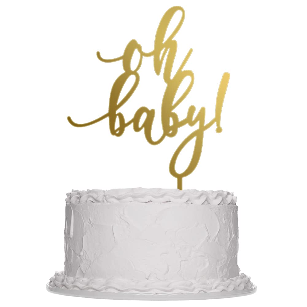 Oh Baby Cake Topper - Gold Acrylic Boys & Girls Gender Reveal, Baby Shower, Welcome Newborn, Boys & Girls 1st Birthday Party Supplies (Gold)