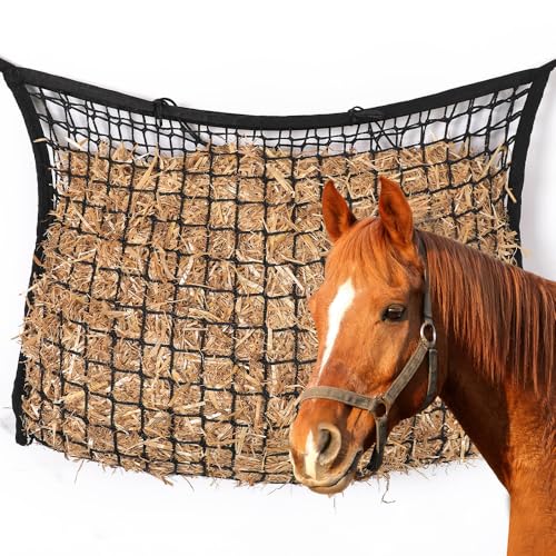 SKIKHN Red de Heno para Caballos,90 x 60cm Bolsa de Heno para Caballos,Red Henera para Caballo Malla 3x3cm,Grande Saco de Henos Premium para Ponis, Caballo Jóvenes, Cabras Viejos(Negro)