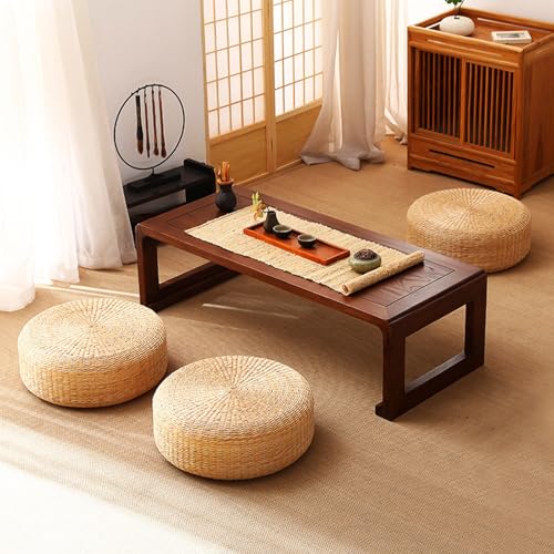 Generisch Rattan Bodenkissen Handgewebt Rund 45cm Japansstil Tatami Sitzkissen Aus Rohrkolbengras Yoga Meditationskissen FüR Balkon Schlafzimmer Wohnzimmer BodenmöBel Kompakt StrapazierfäHig (Gelb)