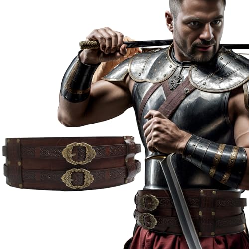 GREUS Mens Viking Wide Armor Belt Faux Leather Medieval Renaissance Embossed Waist Cincher Belt Warror Costume Accessory