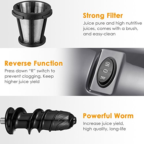 Juicer Machines, Aicok Slow Masticating Juicer with Quiet Motor, Safe Lock, & Reserve Function, Easy to Clean, with Recipes for Multiple High Nutrient Juice