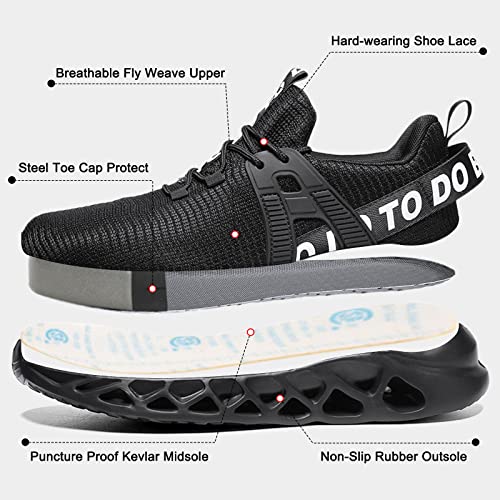 Steel Toe Shoes For Men Work Sneakers Indestructible Safety Shoes Men Lightweight Puncture Proof Shoes Slip On Breathable Industrial Construction Sneakers Black #TOP1