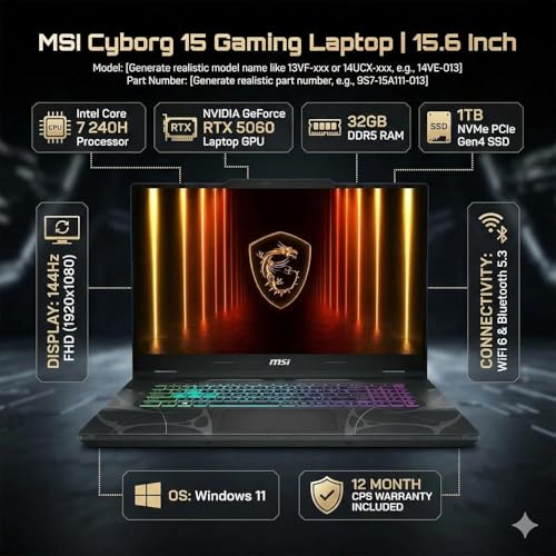 Image of msi 15.6 Inch Cyborg 15 Gaming Laptop Intel Core 7 240H NVIDIA GeForce RTX 5060 32GB RAM 1TB SSD 144Hz FHD Display WiFi 6 Bluetooth Windows 11 12 Month CPS Warranty