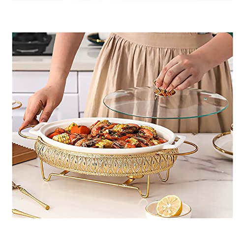 Juego de platos ovalados de cerámica, calentadores de alimentos con soporte de combustible y tapa de vidrio para bodas, fiestas, banquetes, eventos de catering
