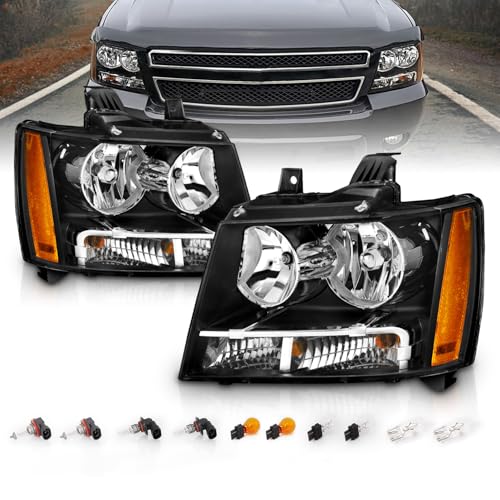 AmeriLite Halogen Car Headlight Pair With Bulbs and Harness Replacement For Chevy Tahoe Suburban Avalanche - Driver and Passenger Side, Vehicle Light Assembly, Black Housing
