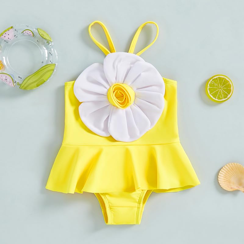 Ledy Champswiin Toddler Baby Girl Swimsuits Big Flower Suspender One Piece Swimsuit Summer Beachwear Bathing Suit (Yellow, 3-4 Years)