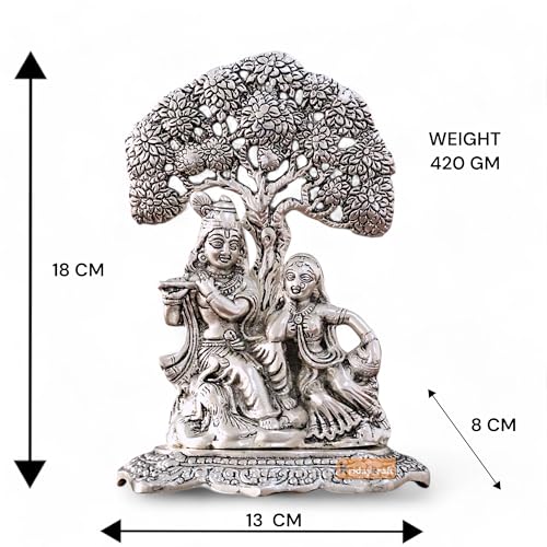 Image of KridayKraft Metal Radha Krishna Idol with Under Tree Decorative Showpiece Statue for Puja Room Home Office Desk Gift Items Ornate Metal Sculpture of Hindu Deities, 18 cm Height Silver