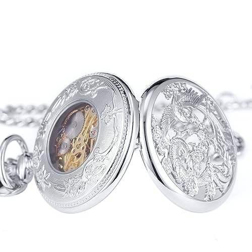 Image of ManChDa Antique Mechanical Pocket Watches for Men Lucky Dragon Phoenix Pocket Watch with Chain Skeleton Dial Roman Numerals Gifts for Fathers Day