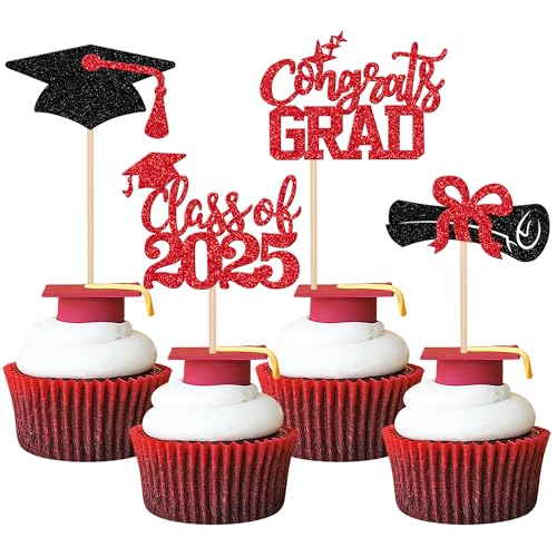 24 PCS 2024 Graduation Cupcake Toppers Glitter Class of 2024 Congrats Grad Cap Diploma Cupcake Picks 2024 Graduation Theme Party Cake Decorations Supplies Red