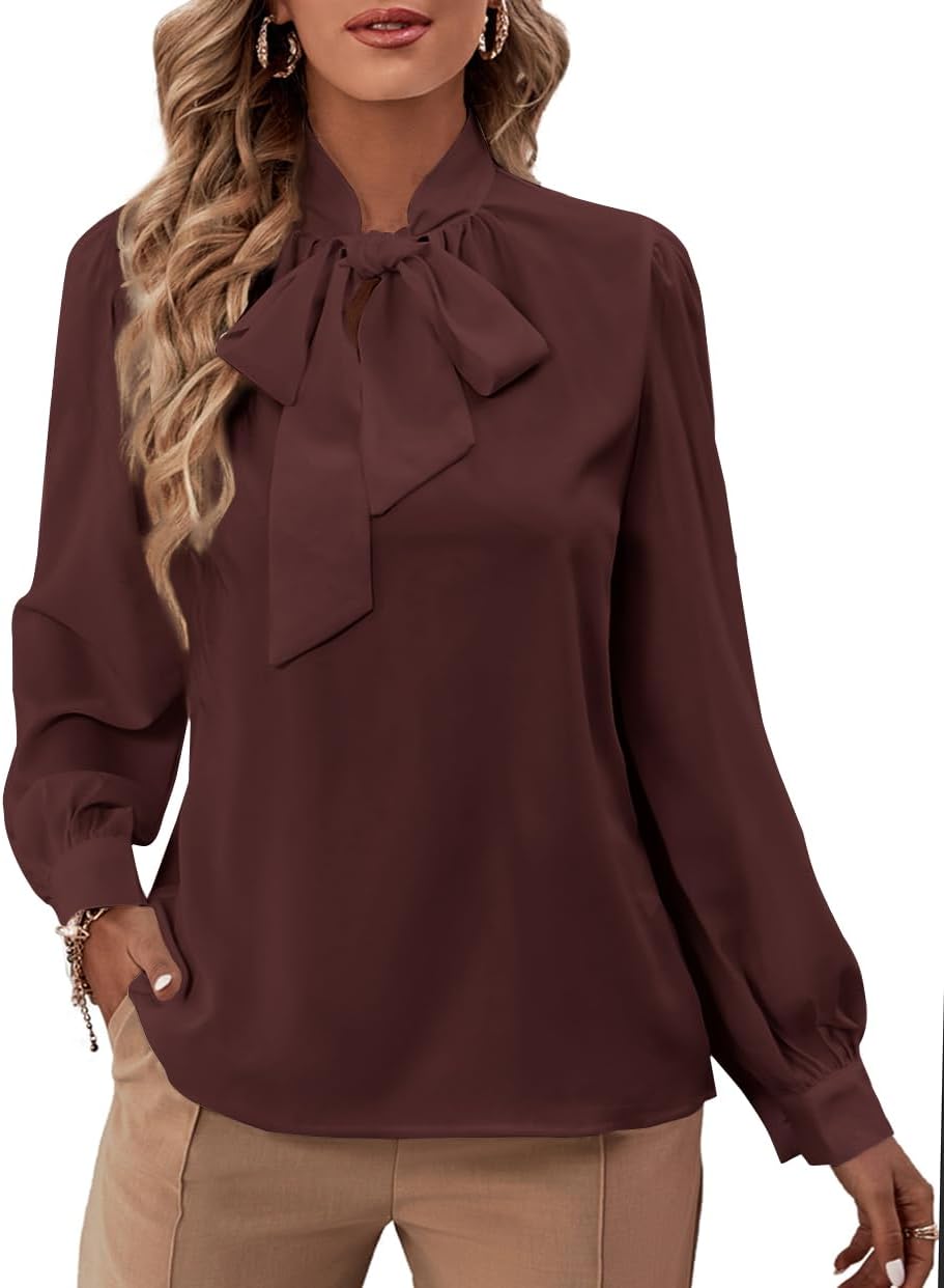 Rooscier Women's Bow Tie Neck Long Sleeve Buttton Cuff Chiffon Elegant Business Dressy Casual Blouse Shirt