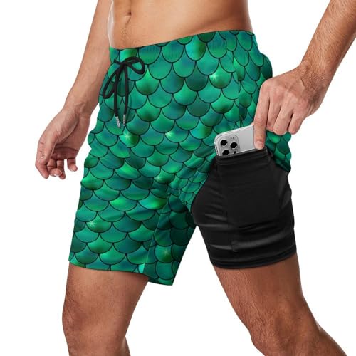 Green Fish Scales Mermaids Men's Beach Shorts with Compression Lining, Quick Dry Stretch Swimsuit