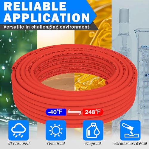 Image of CheeMuii 100 FT 1 /4 inch DOT Air Line Red 1 /4 PA12 Nylon Pneumatic Tubing 30.5 Meter 1 /4 Inch OD Pneumatic Air Tubing Pipe Hose Line for Semi Truck Trailer or Industrial Air System
