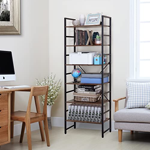 Finnhomy 6 Tier Industrial Tall Bookshelf Freestanding Open Bookcase Book Storage Unit Shelf With Adjustable Feet For Home Living Room, Kitchen, Office, Vintage Style Board With Black Steel Tube #TOP1