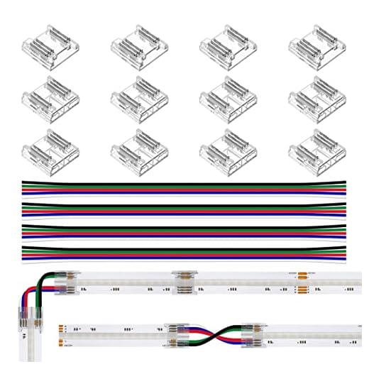 BTF-LIGHTING Kit Connettore Trasparente Larghezza 12mm Angolo Connettore 12pcs Senza cuciture Gapless 4pcs Cavo di Estensione 22AWG Lungo 15cm Supporto 5PIN COB RGBW LED Striscia