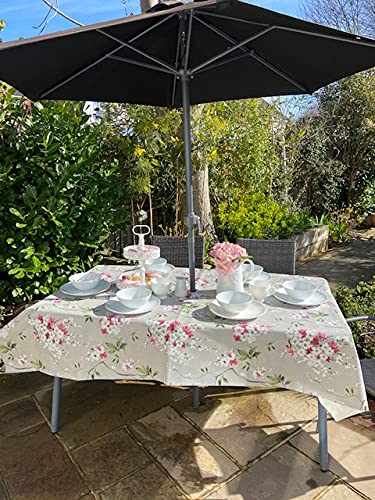 Nappe De Jardin PVC 200x140 Cm Avec Trou Parasol - Motif Floral Glycine Rose Gris Blanc