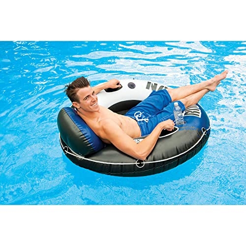 INTEX 58825EP River Run 1 Inflatable Floating Lounge: Comfortable Backrest &ndash; Built-in Cup Holders &ndash; Handles &ndash; Grab Rope &ndash; 220lb Capacity&ndash; Blue, 4 Pack