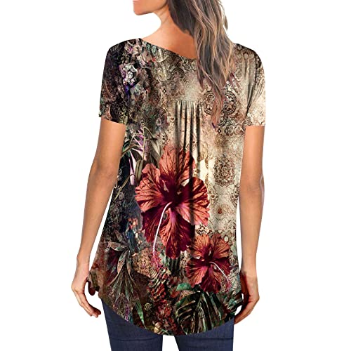 Tunic Tops Women Summer Casual Dressy Short Sleeve Floral Boho T Shirts Henley Tshirt Cute Tees Trendy Flowy Ladies Blouses, Green-04, X-Large #TOP4