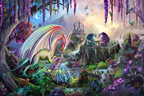 Laminated Valley of the Dragon Paradise by Rose Khan Fantasy Poster Beautiful Colorful Dragons In Nature Poster Dry Erase Wall Art 16x24