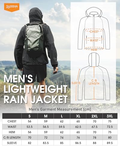 33,000ft Leichte Regenjacke Herren Wasserdicht Atmungsaktiv -Männer Dünne Outdoor Jacke Faltbar Windbreaker Wanderjacke Laufjacke zum Reisen Wandern Golf Schwarz XL