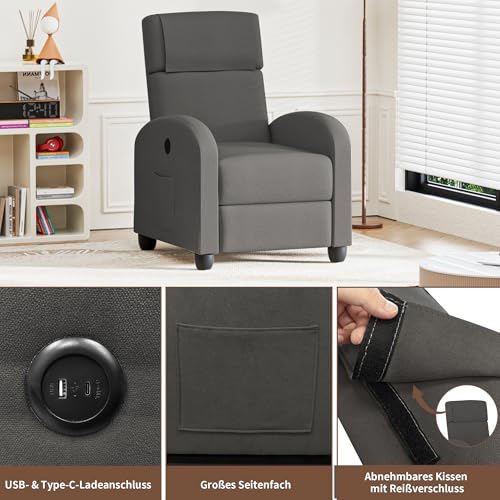 FiveWillowise Fernsehsessel Ruhesessel Relaxsessel mit Verstellbarer Beinablage und Verstellbarer Rückenlehne bis 140°, Einzelsofa, Liegesessel, TV Sessel mit Liegefunktion, Dunkelgrau – Bild 6